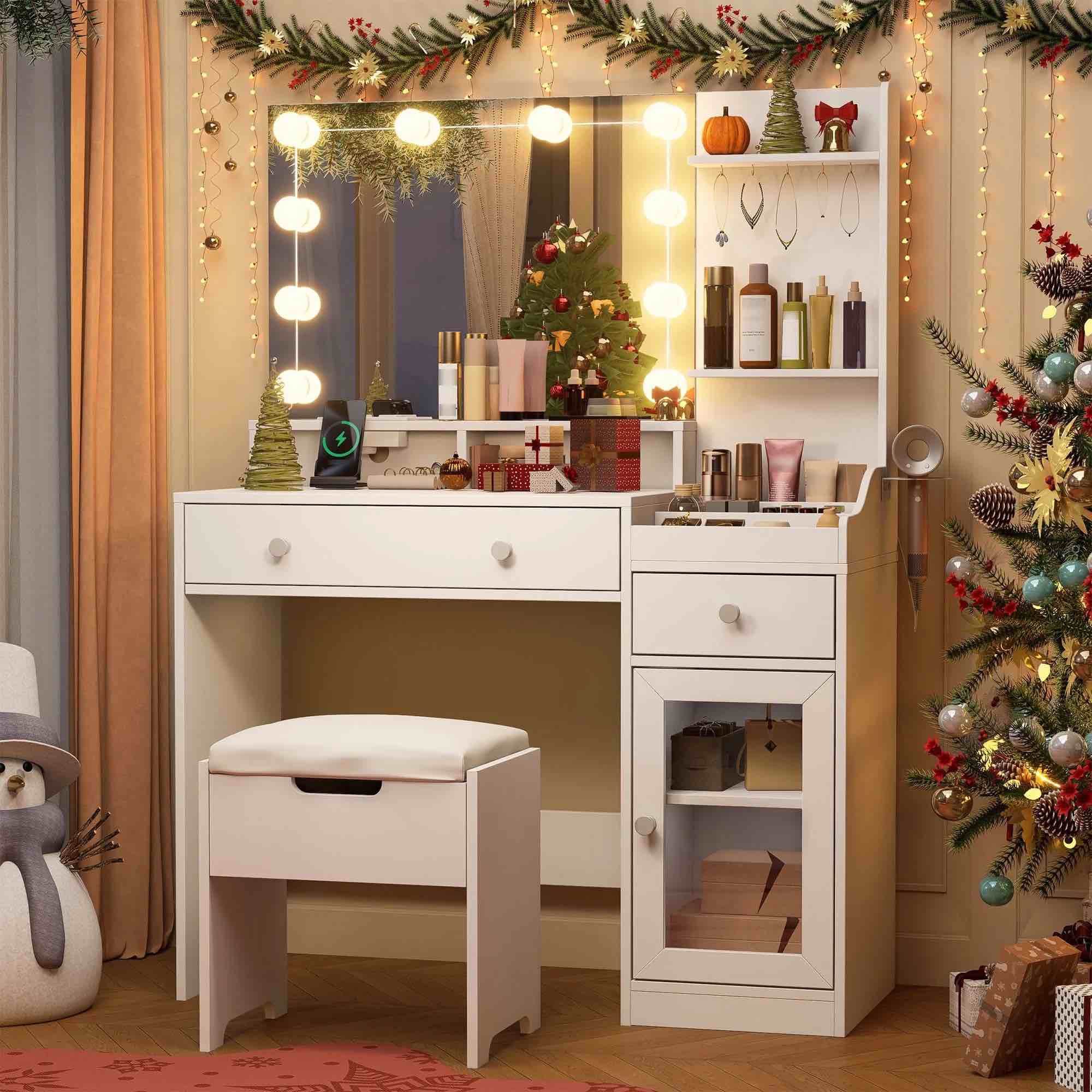 Veanerwood 39.8" White Vanity Desk with Mirror and Lights, Modern Makeup Table with Charging Station and Storage