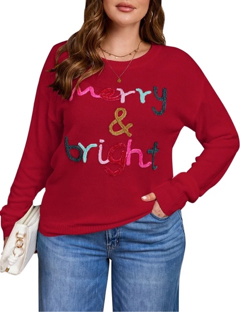 Drvitor Christmas Sweaters for Women Plus Size Crew Neck Sequin Letters Sweater Holliday Merry Pullover Sweater, Sizes XL-5XL