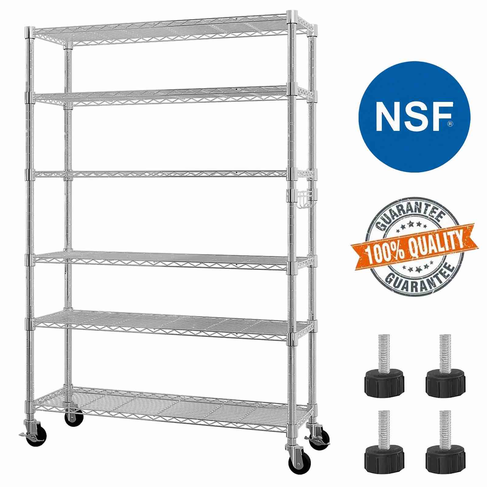 Ktaxon 6 Tier Wire Shelving with Wheels 2400LBS Capacity, Heavy Duty Storage Rack for Home Garage, 46"W x 18"D x 82"H Adjustable Shelves, Silver