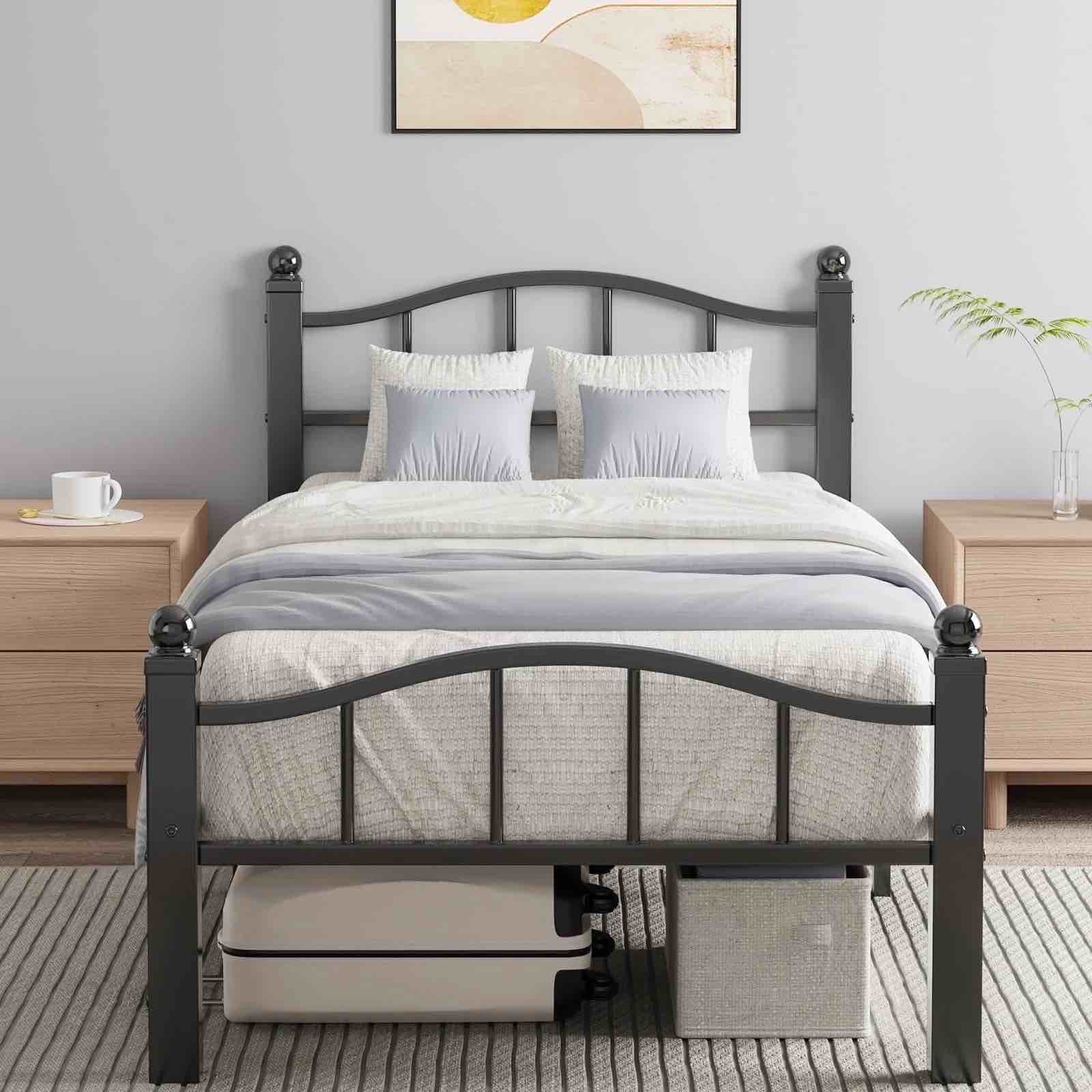 Metal Twin Size Bed Frame, Noise-Free Design & Underbed Storage Heavy Duty Bed Frames with Headboard No Box Spring Needed/Tool-Free Assembly
