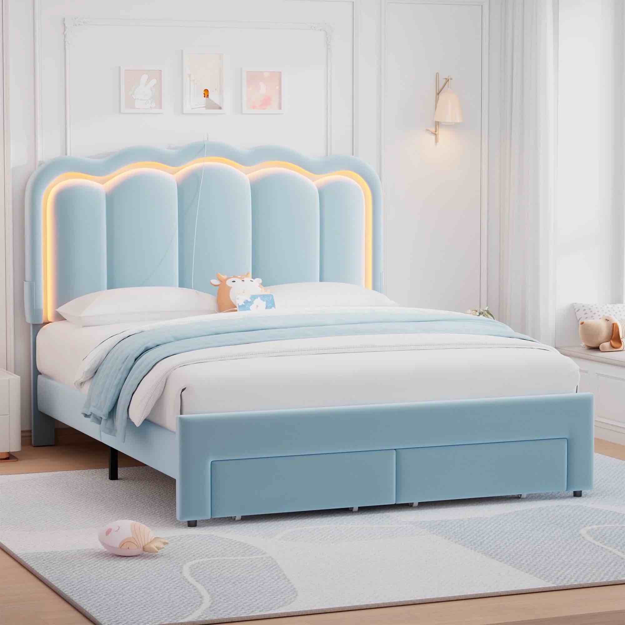 Cocosity Soft Velvet Upholstered Platform Full Size LED Bed Frame with Drawer Adjustable Lighted Headboard for Boys Kid's Bedroom, Blue