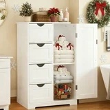 Ktaxon Wooden Bathroom Floor Cabinet  Side Storage Organizer with 4 Drawers  1 Cupboard & 2-Shelves  White