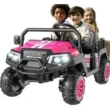SaveJoy 24V 4 Seater Ride on Toys, Powered Ride on Cars w/ Four Wheels Spring Suspension, Electric Car with Parent Remote Control for Kids Ages 4-8 Gifts, Pink