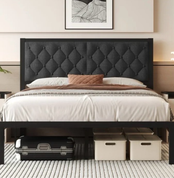 Lifezone Bed Frame with Linen Upholstered Headboard, Queen, Metal Support, No Box Spring Needed, Grey