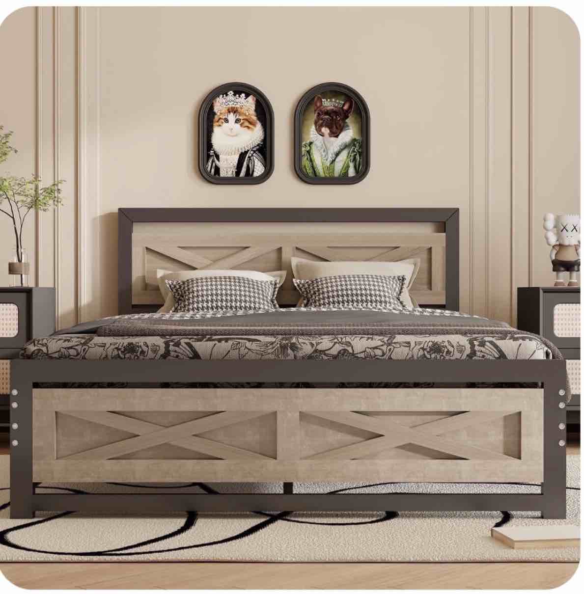 Behost Queen Bed Frame with Headboard and 11" Underbed Storage, Metal Wood Platform Bedframe Queen Size Bedroom Furniture