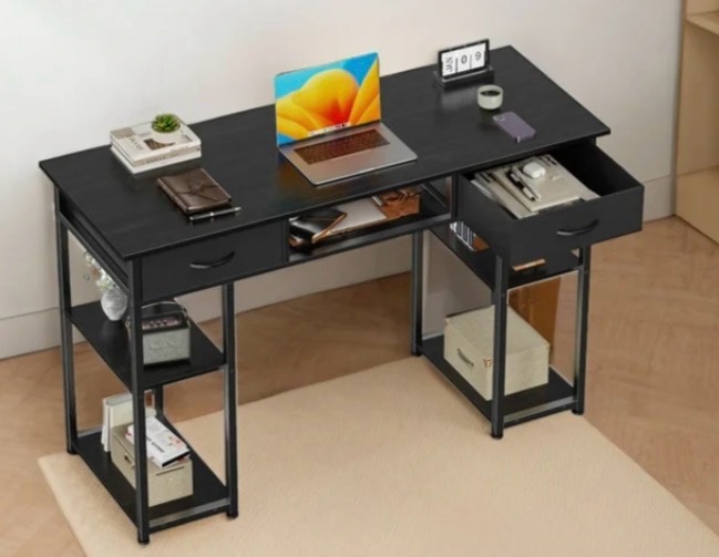CONCETTA 48 inch Small Desk with Fabric Drawers & Storage Shelves, Computer Desk, Writing Desk for Home Office, Bedroom, Black