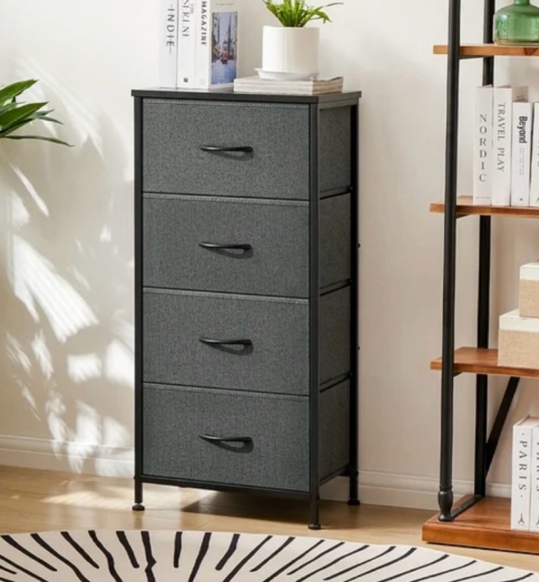 CONCETTA 4 Drawer Dresser, Wide Chest Drawers Nightstand Storage Tower Storage Fabric Dresser With Wood Top for Living Room, Bedroom, Closet, Gray