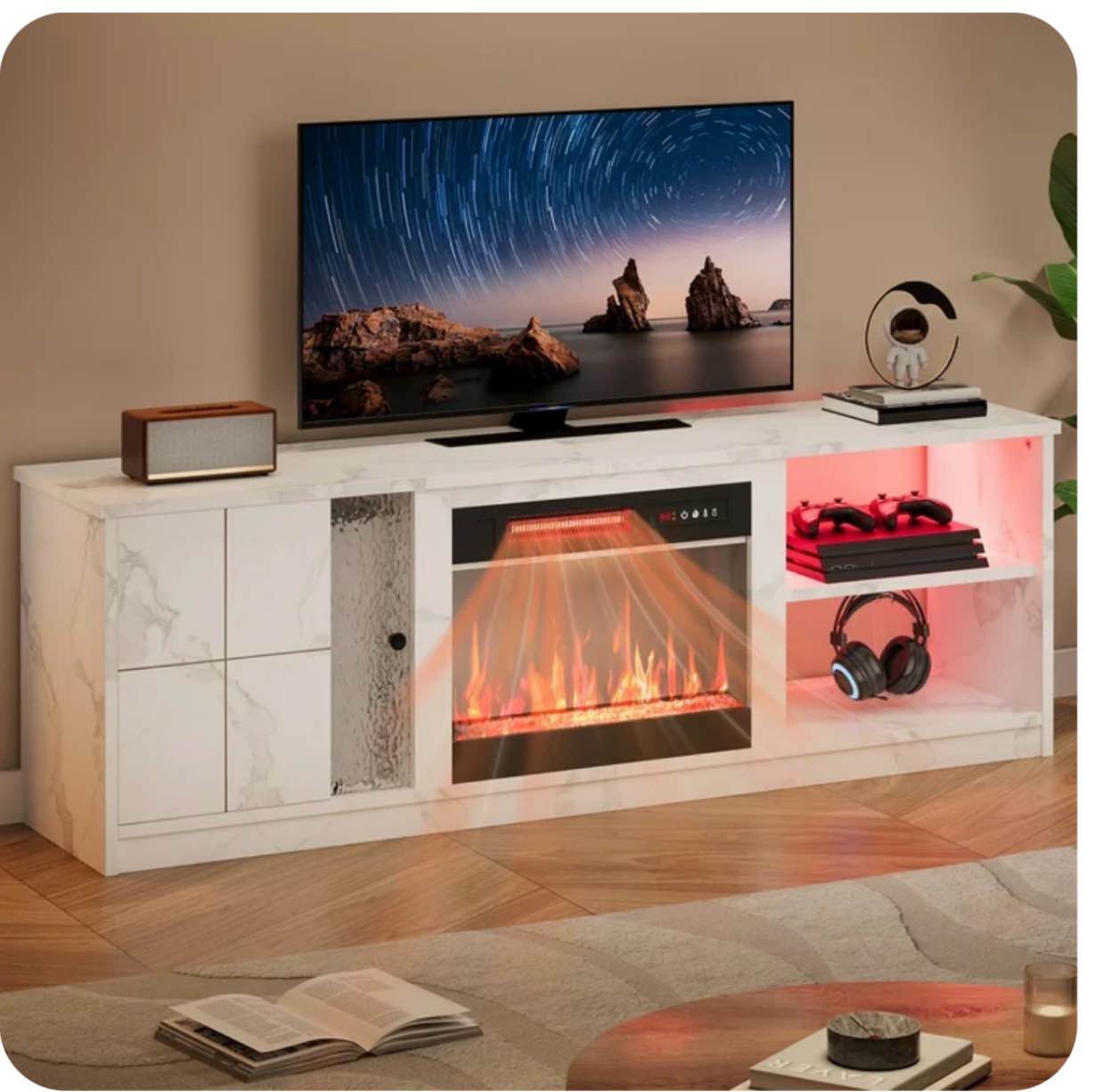 Pinmoco Electric Fireplace TV Stand for TVs up to 70", LED Entertainment Center With Cabinet & Shelves, TV Media Console Table for Living Room, Bedroom, White Marble