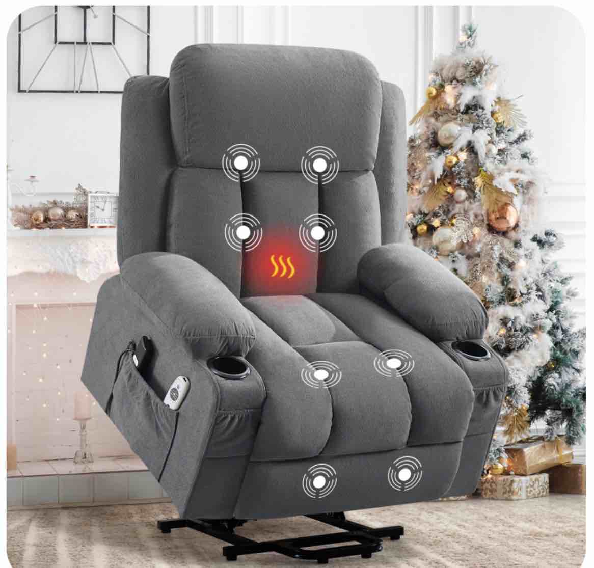 Power Lift Recliner Chair with Heat and Massage Electric Fabric Recliner Chair for Elderly with Side Pocket, USB Charge Port, Remote Control for Living Room (Light Grey)