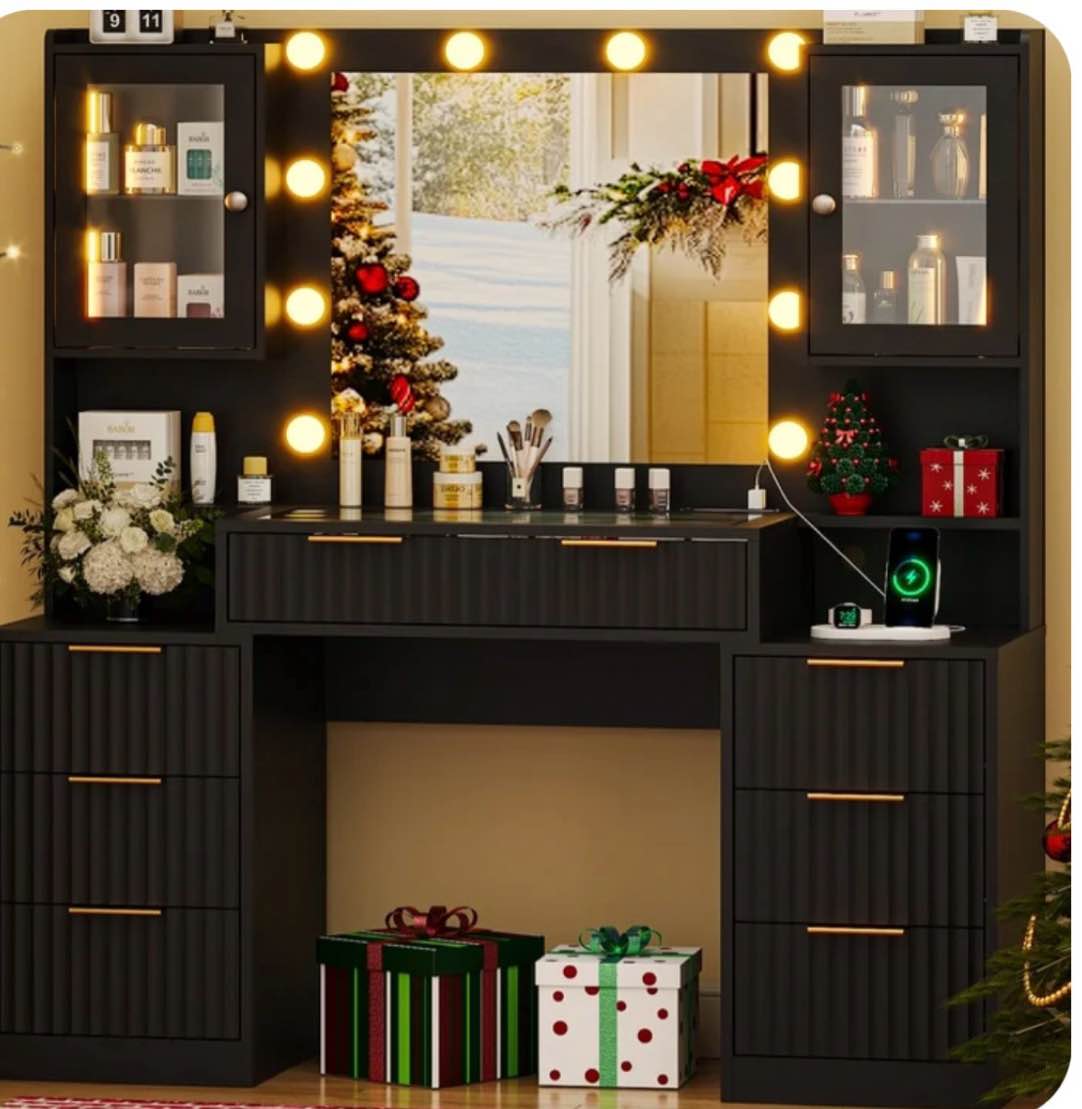 Ktaxon Large Makeup Vanity with 7 Drawers, Flutted Vanity Table Set with Lighted Mirror, Get Ready with Me, Black