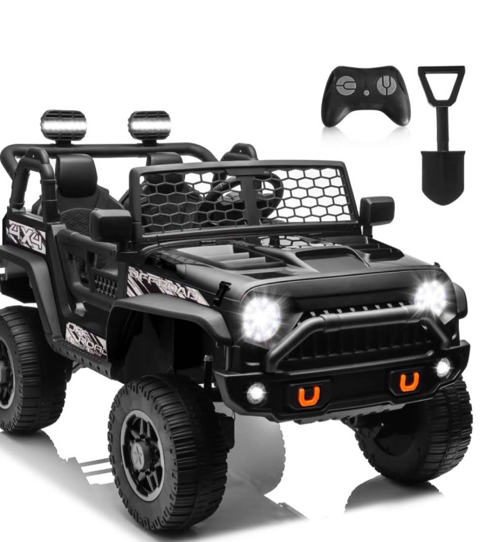 FUNTOK 24V 2 Seater Kids Ride on Toys w/ 20 " Large Seat, 4 x 200W Motor, 2WD/4WD Switchable Ride on Truck, 3 Speeds w/ Remote Control/LED Lights/Music/Bluetooth, Black