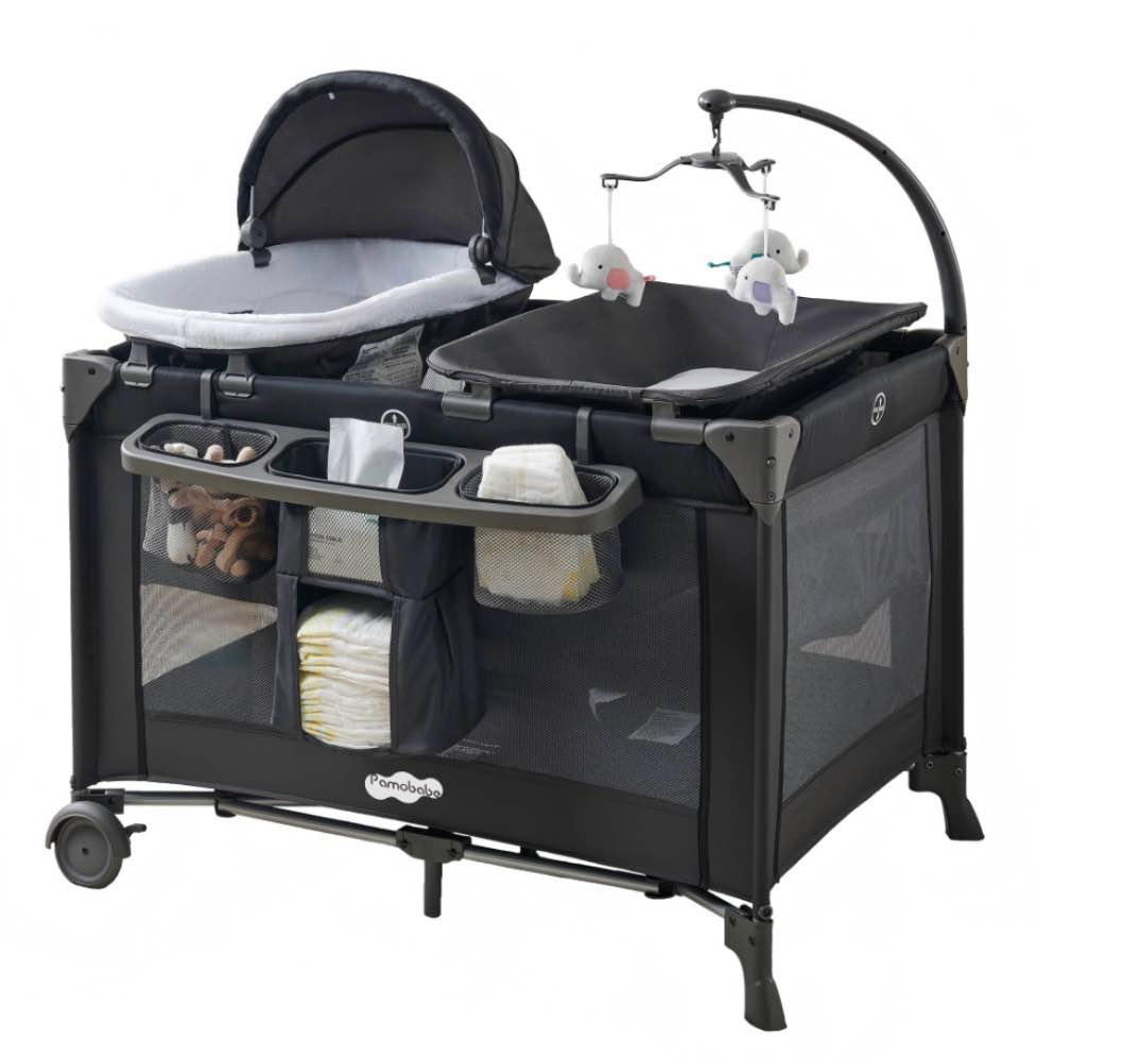 Pamo Babe 4-in-1 Baby Playard with Bassinet & Changing Table for Newborn,Grey