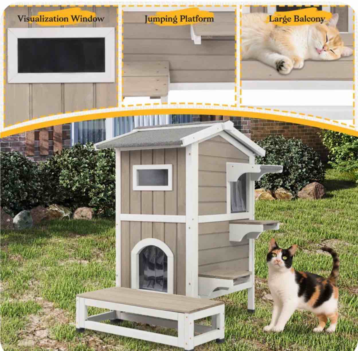 PETSCOSSET Insulated Outdoor Cat House Two-Story Thermal Cat Shelter with Platform