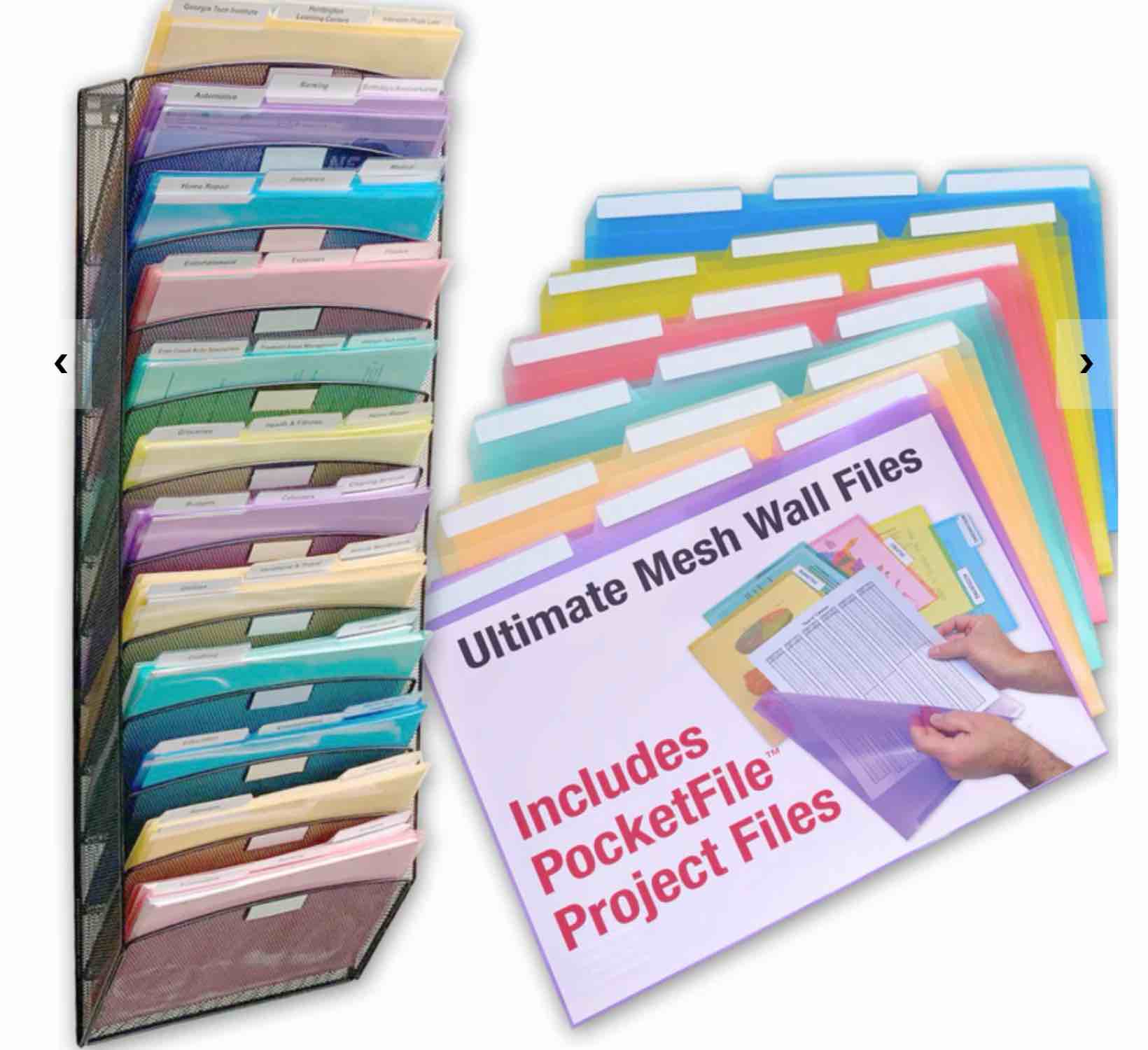 Ultimate Office Mesh Wall File Organizer, 12 Tier Vertical Mount Hanging File Sorter. Multipurpose Display Rack Includes 18, 3rd Cut PocketFile Clear Document Folder Project Pockets (Black)