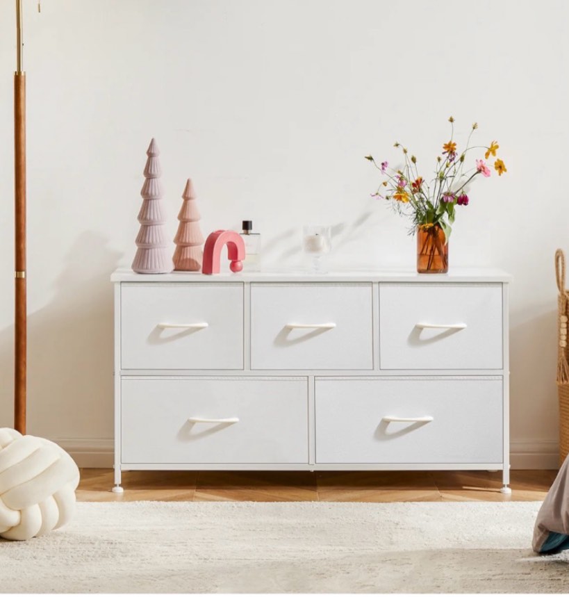 EDX 5 Drawer Dresser, Wide Chest of Drawers Nightstand Storage Tower Storage Fabric Dresser with Wood Top for Living Room, Bedroom, Hallway,White