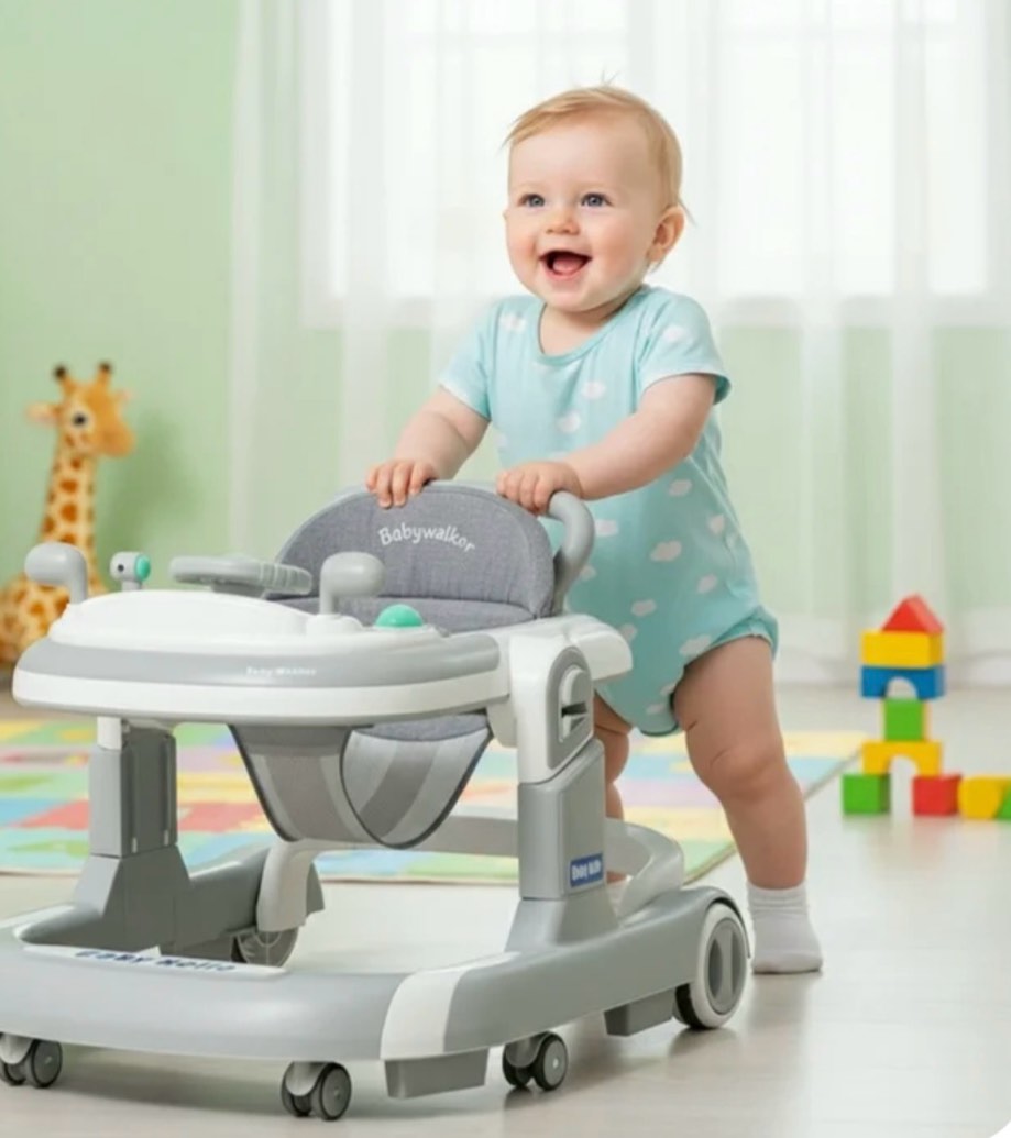 PUEDO 5-in-1 Foldable Baby Walker with Foot Pads/Handles for Boys and Girls 6-36 Months,Gray