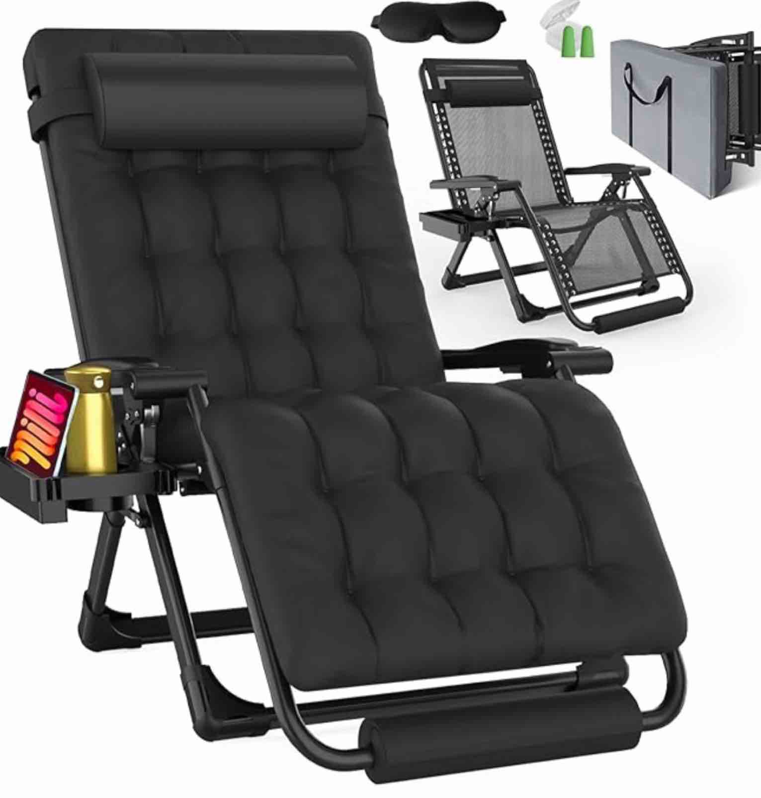 GVDV Oversized Zero Gravity Chair, 33In XXL Lounge Chair 500lbs Capcity with Removable Thick Cushion, Lawn Patio Reclining Chair Upgraded Alloy Lock and Cup Holder, for Indoor Outdoor, Black
