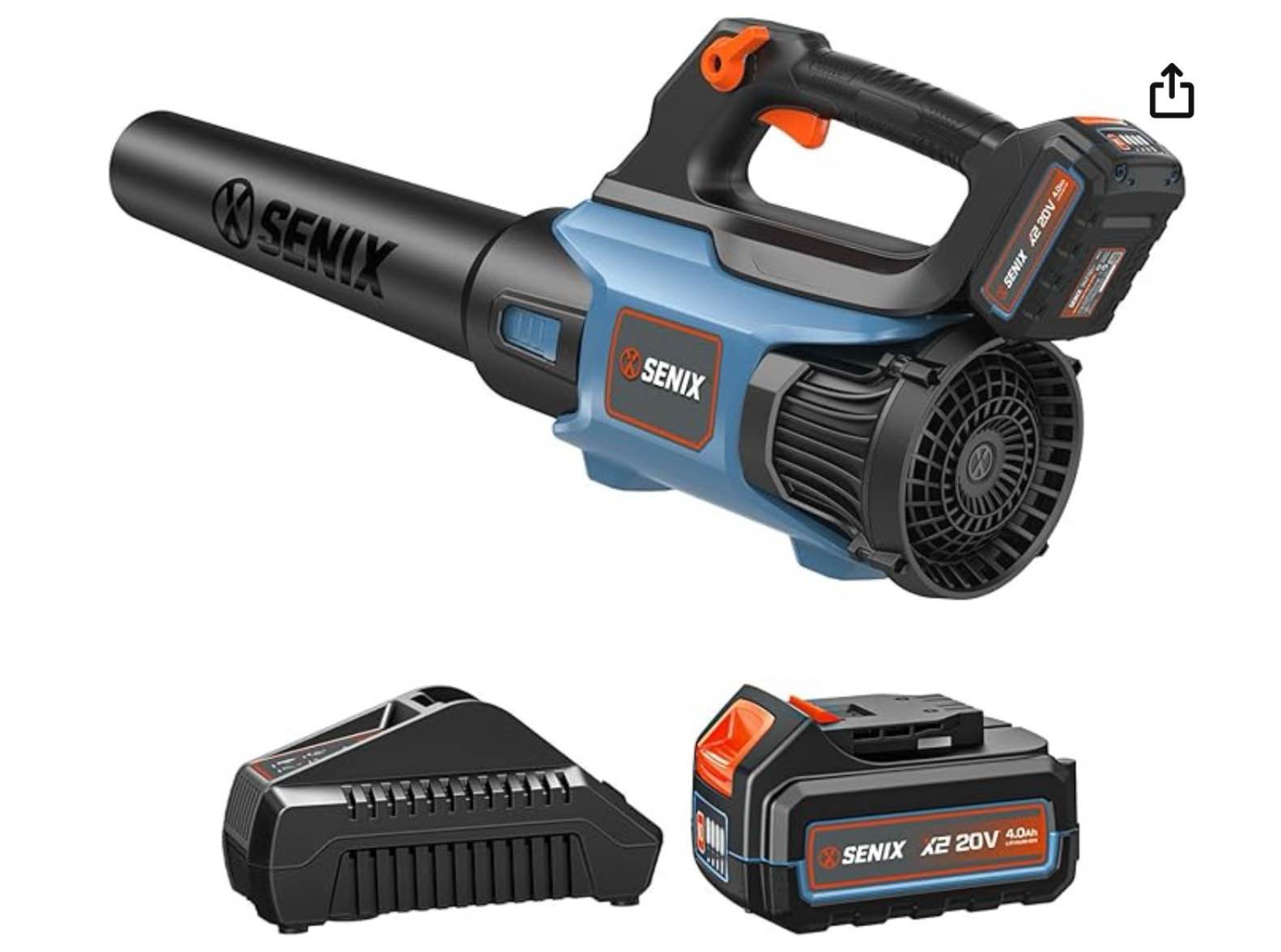 SENIX 20V Max Leaf Blower, Cordless, Brushless, Handheld, Up to 350 CFM and 80 MPH, 2 Speed Mode, Cruise Control, Lightweight, 4.0 Ah Battery and Charger Included (BLAX2-M)
