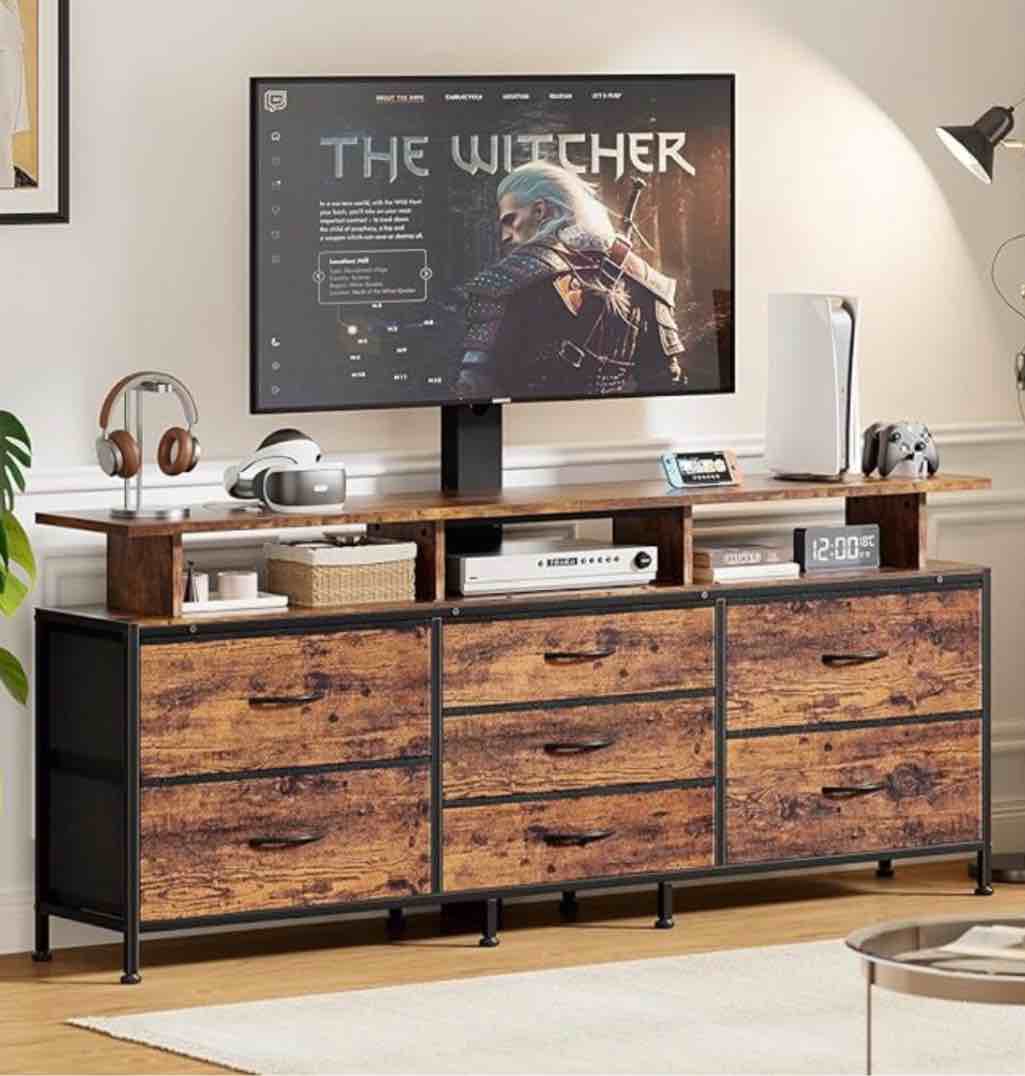 GUNAITO TV Stand with Adjustable Mount for TV up to 75", Big TV Stand for Living Room with 7 Fabric Drawers , Rustic Brown