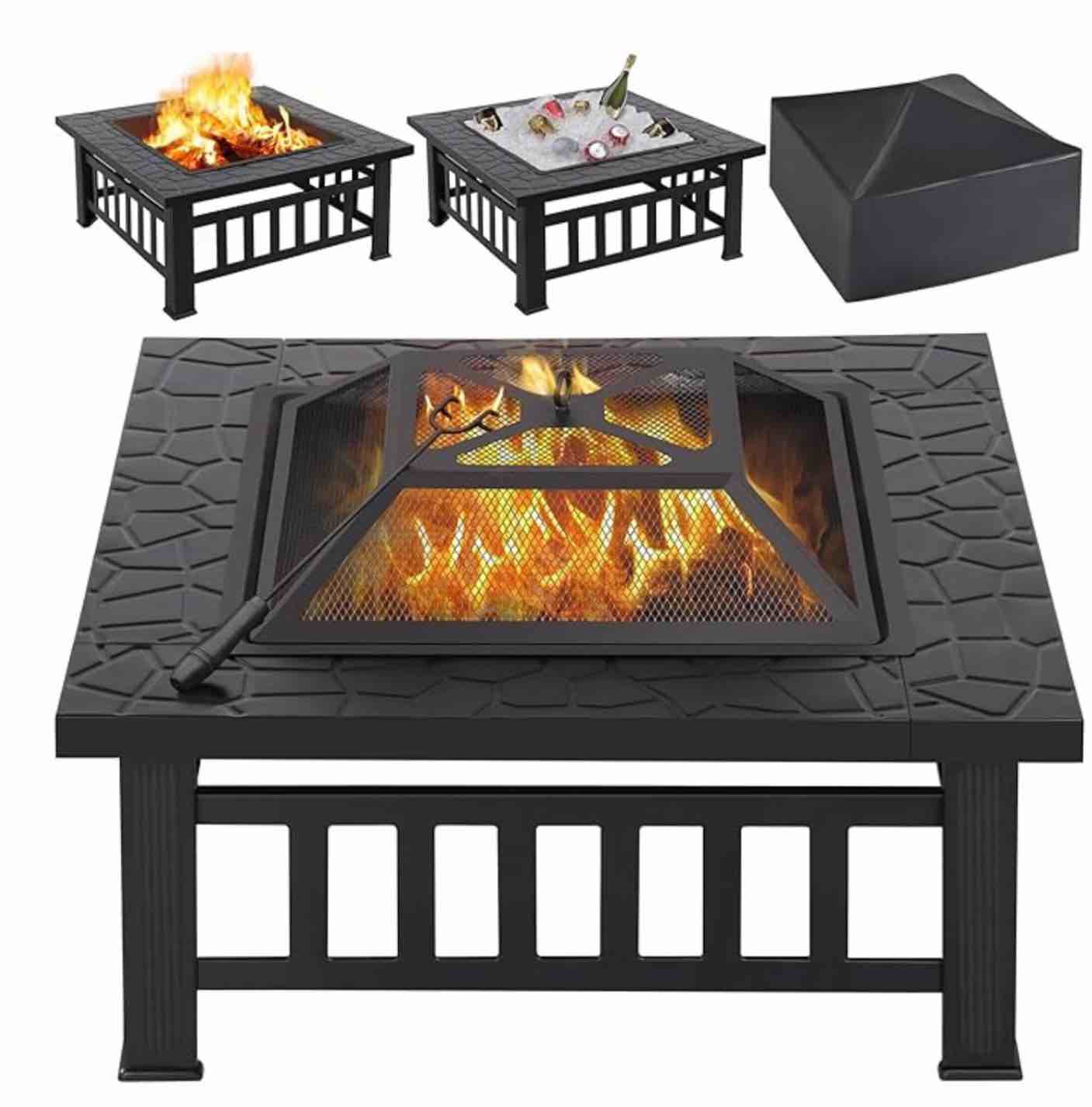 Fire Pits for Outside, 32" Wood Burning Fire Pit Tables with Screen Lid, Poker, BBQ Net, Ice Tray, Food Clip and Cover, Backyard Patio Garden Outdoor Fire Pit/Ice Pit/BBQ Fire Pit, Black