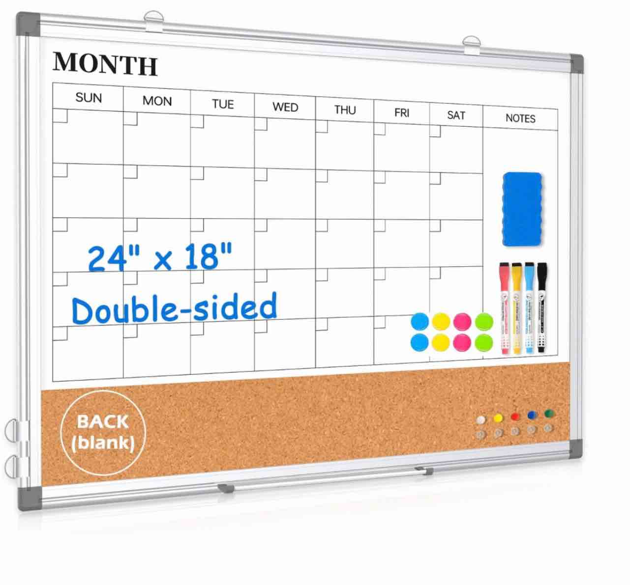 Magnetic Whiteboard Calendar Whiteboard Dry Erase Cork Board Combination 24 x 18 Double-Sided Monthly White Boar for Wall Magnetic Dry Erase Board Magnetic Calendar Board for Wall Sliver Frame