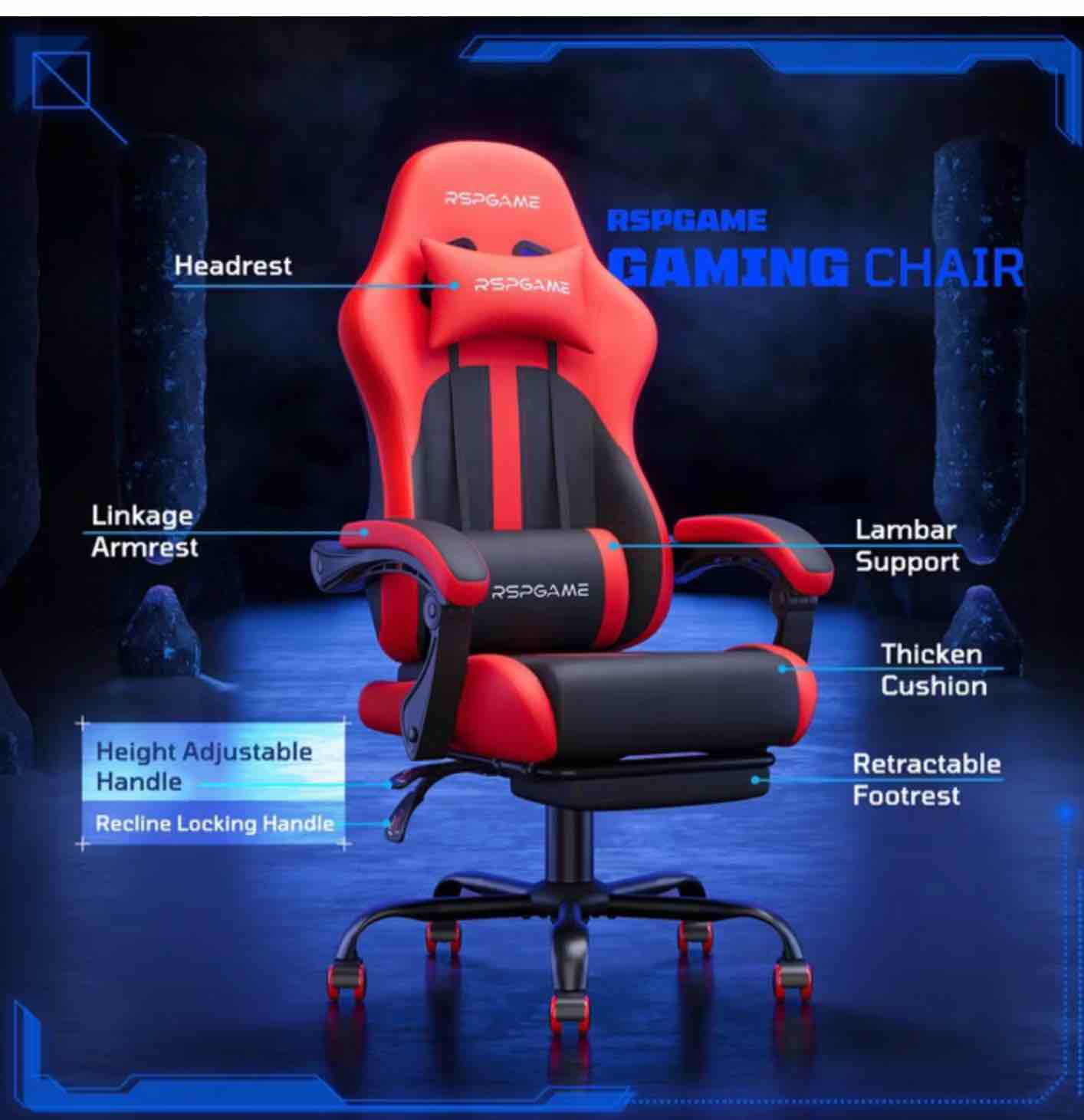 RSPGame Ergonomic Gaming Chairs for Adults,Pocket Spring Cushion,PU Leather Office Chairs with Lumbar Support and Retractable Footrest,Home and Office Computer Chairs-Red Racing