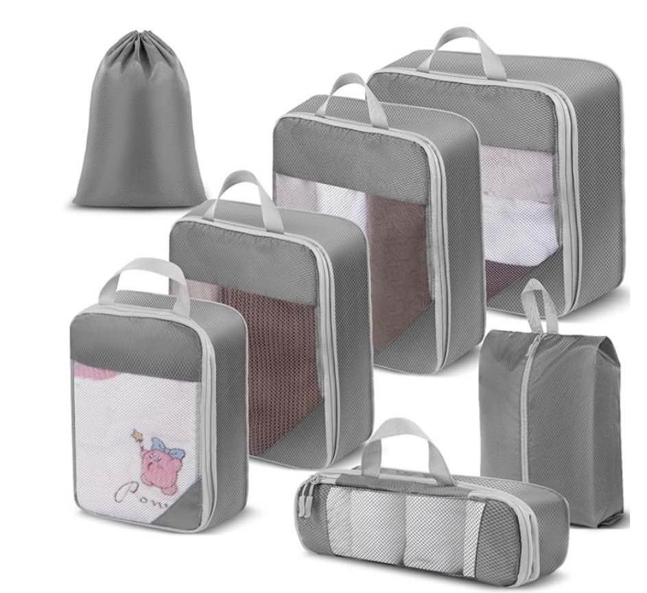 Compression Packing Cubes for Travel, Extensible Packing Cubes, Mesh Luggage Suitcase Organiser Bags, Ultra-thin Packing Cube,Compression Bags for Luggage Suitcases Travel Accessories?Grey,7pcs?