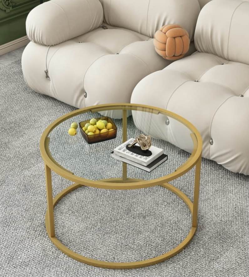 Glass Coffee Table,Round Gold Coffee Table for Small Space,27" Modern Center Table,Glass Top Clear Coffee Table with Sturdy Metal Frame for for Living Room Home Office, Easy Assembly