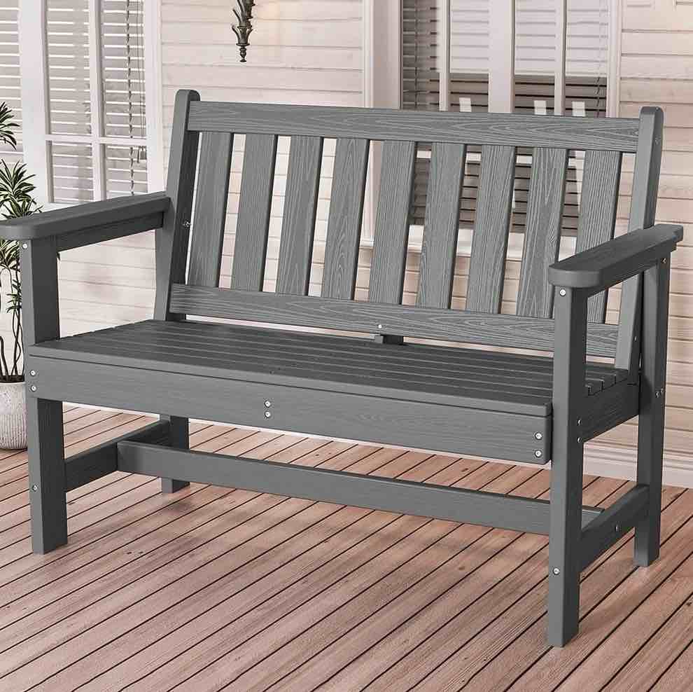 SERWALL Outdoor Bench for 2-Person, Weather-Resistant HDPE with Aluminum Reinforcement, Supports 660 lbs, Comfortable Seating for Patio, Garden, and Porch, Grey