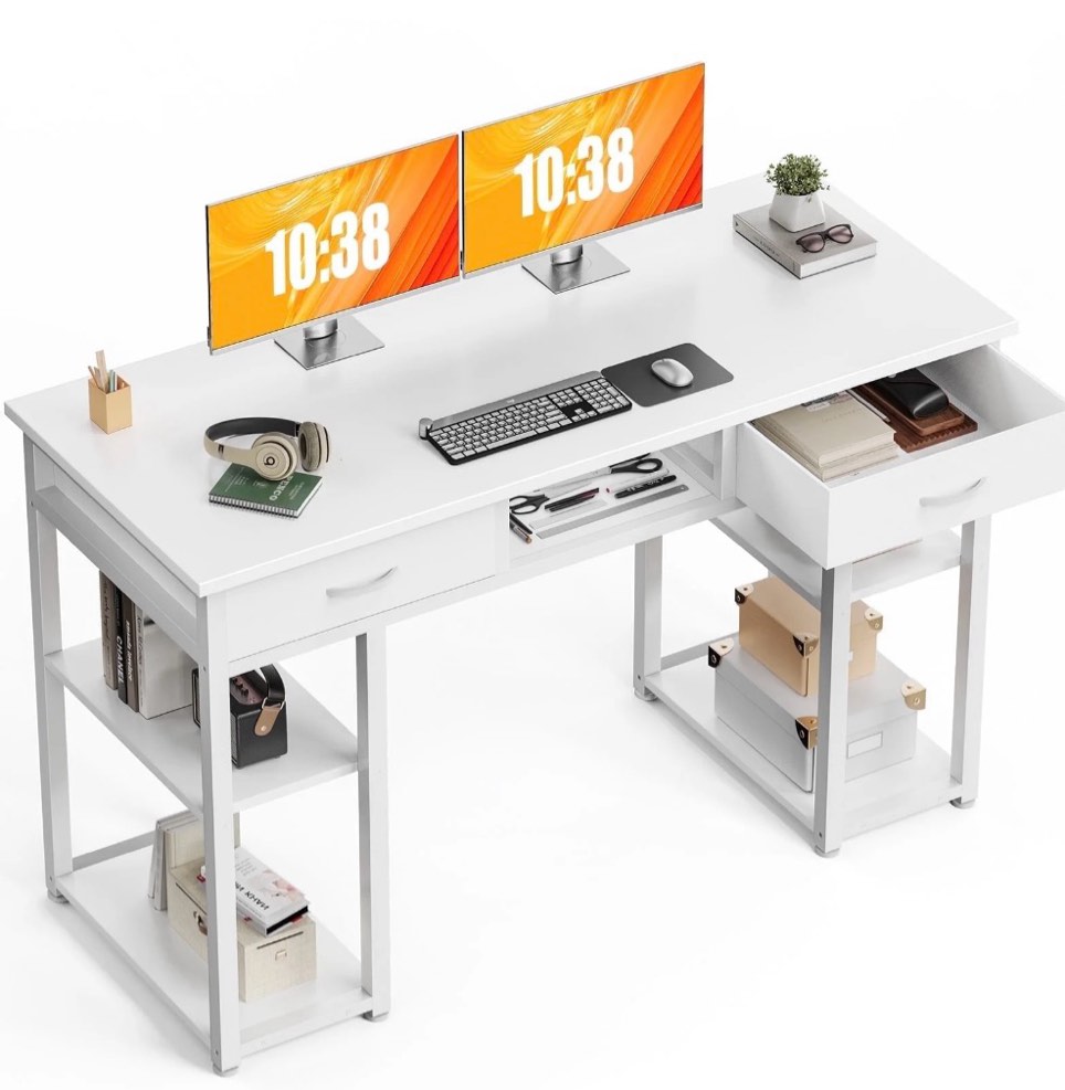 CONCETTA 48 inch Small Desk with Fabric Drawers & Storage Shelves, Computer Desk, Writing Desk for Home Office, Bedroom, White