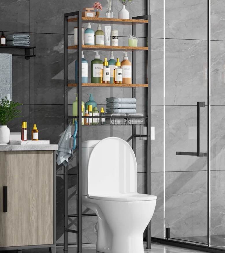 Mr IRONSTONE Over The Toilet Storage Shelf, 4-Tier Wooden Bathroom Organizer Adjustable Saver Space Rack with Toilet Paper Holder, Vintage Brown