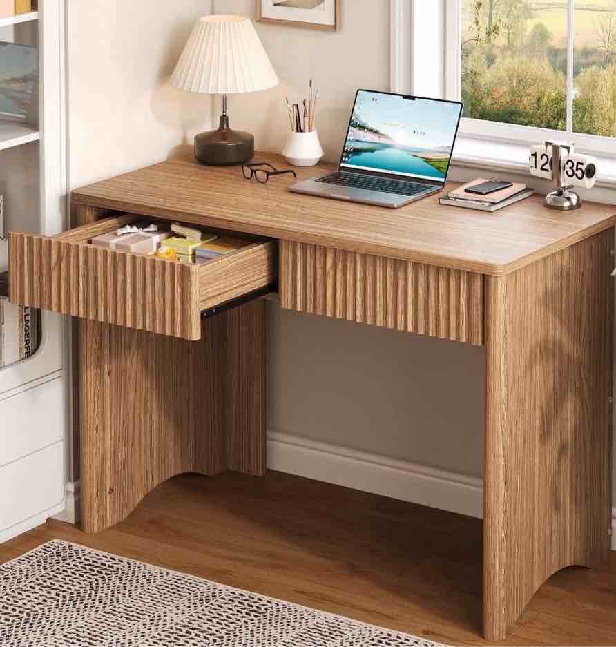 Bestier Computer Desk with 2 Storage Drawers,Home Office Writing Study Desk PC Table for Small Space,Brown Oak