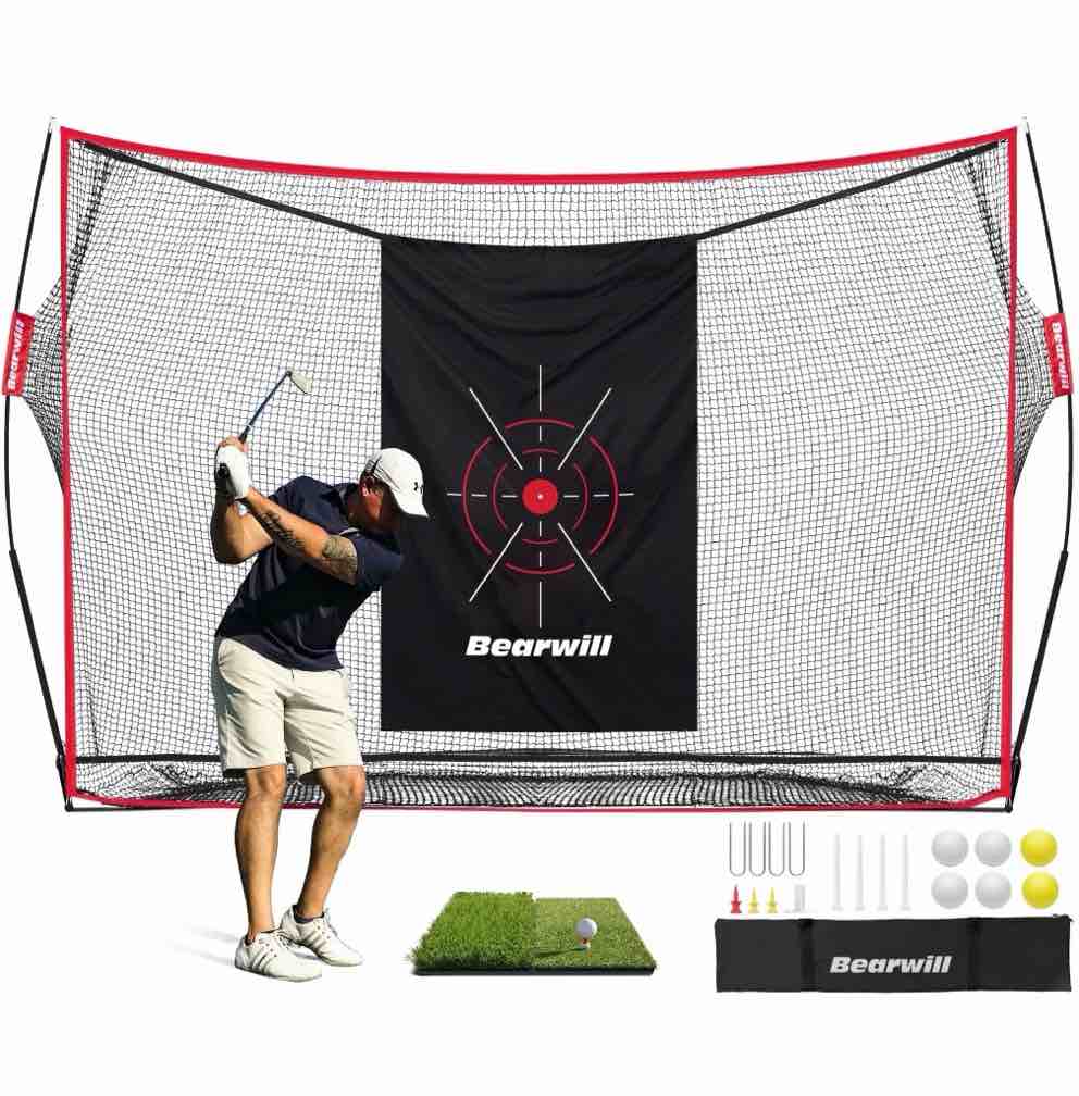 Bearwill Golf Net, 10x7ft Heavy Duty Golf Practice Nets with Mat, Target Cloth, 8 Tees, 6 Balls, Carry Bag for Backyard Driving Chipping Indoor Outdoor Training