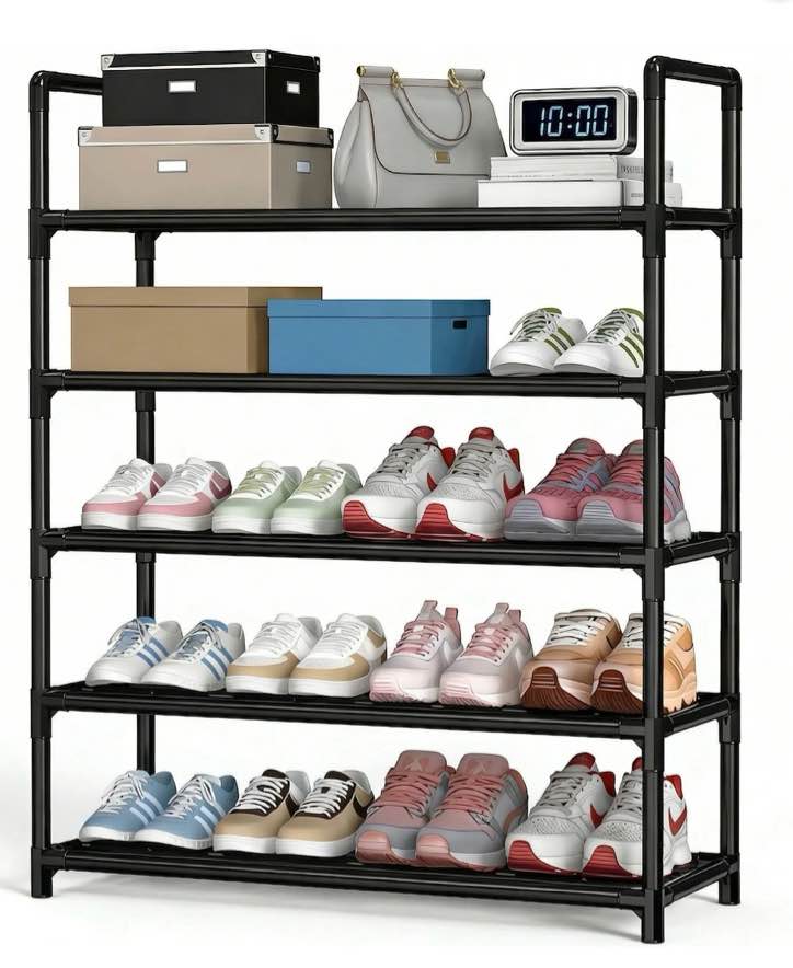 Krpimt 5-Tier Shoe Rack, 31.5" Stackable Shoe Organizer Storage Holds 15-20 Pairs, Metal Shoe Shelf for Entryway Hallway and Closet, Black