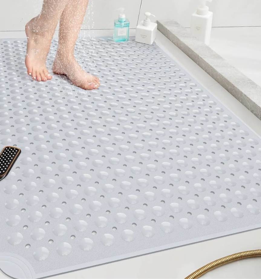 OTHWAY Extra Large Shower Mat 47x32, TPE Non Slip Shower Mat, Inside Shower Mat with Drain Holes Suction Cups, Walk in Shower Mat for Shower Stall, Anti-Slip for Elderly Kids (Light Gray)