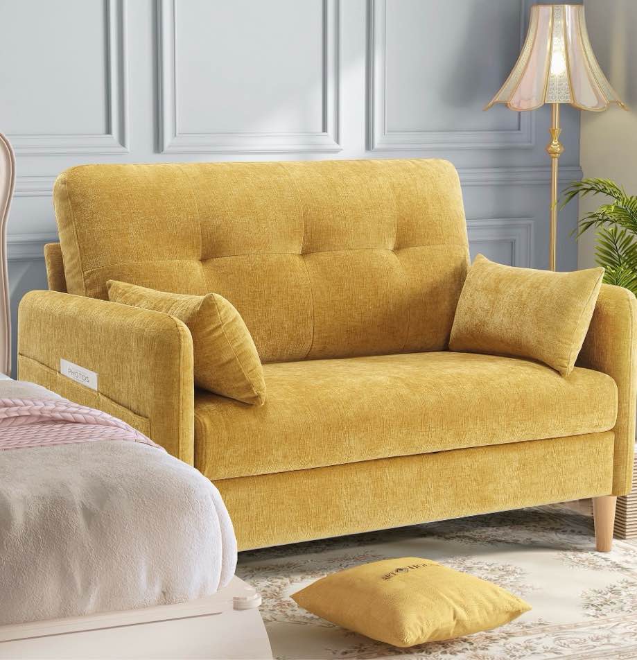bedluxury 47'' wide loveseat, 2-seat chenille sofa with 2 pillows for living room and small spaces, yellow