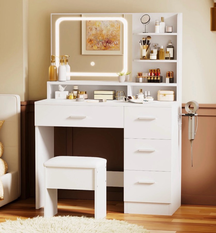 livelyglow vanity desk with smart led mirror & stool, makeup vanity set with adjustable lighting, built-in power outlet, large storage drawer, modern minimalist dressing table for bedroom,white