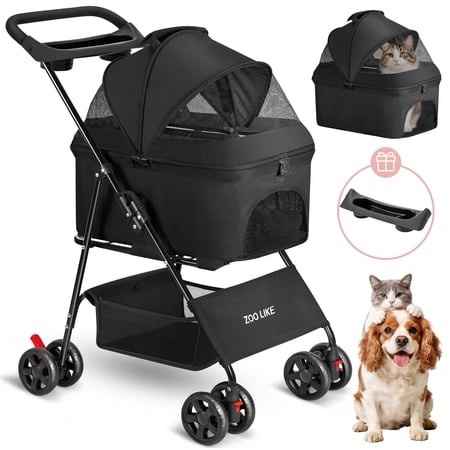 zoolike 3 in 1 pet stroller for dogs and cats 4 wheel foldable stroller with detachable carrier&storage basket black