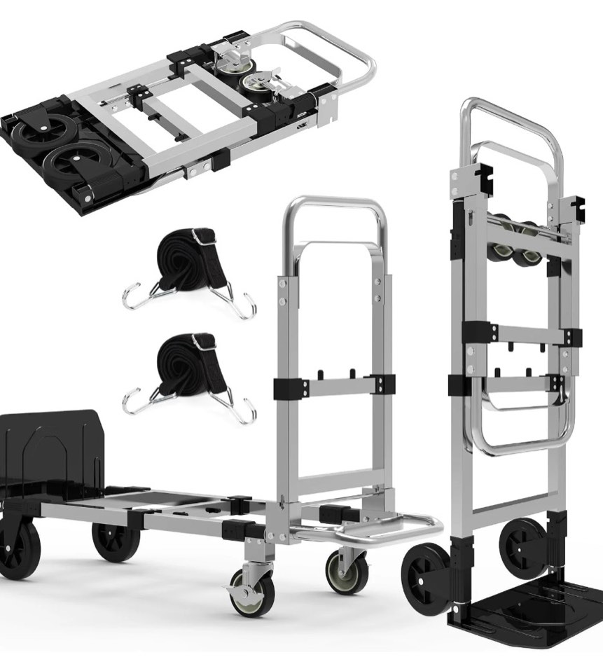3-in-1 heavy duty folding dolly, convertible hand truck portable steel with telescopic handle & dolly cart with rubber wheels, 580lb capacity,silver