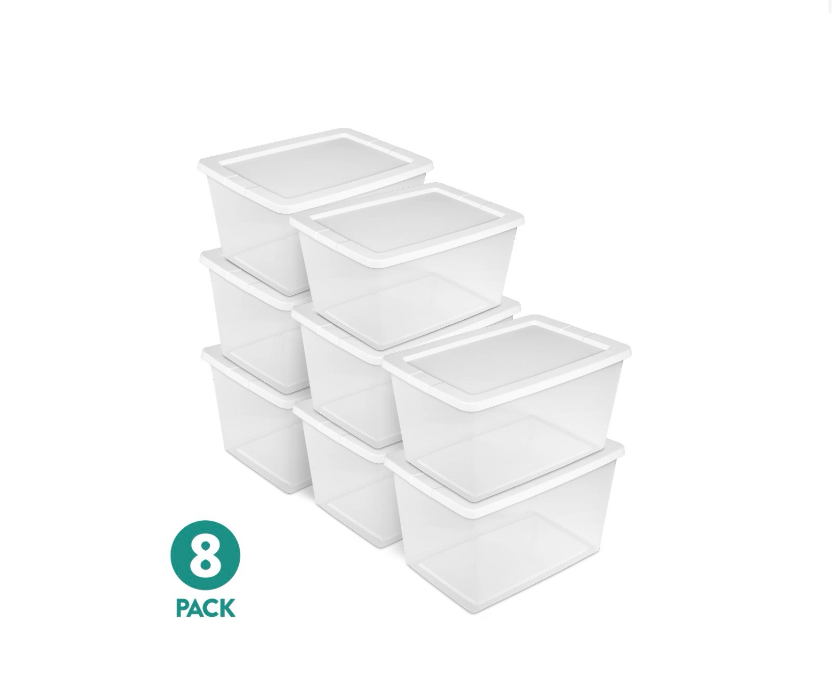 sterilite 58 quart storage box clear plastic storage bin with snap-on lid white 7 count