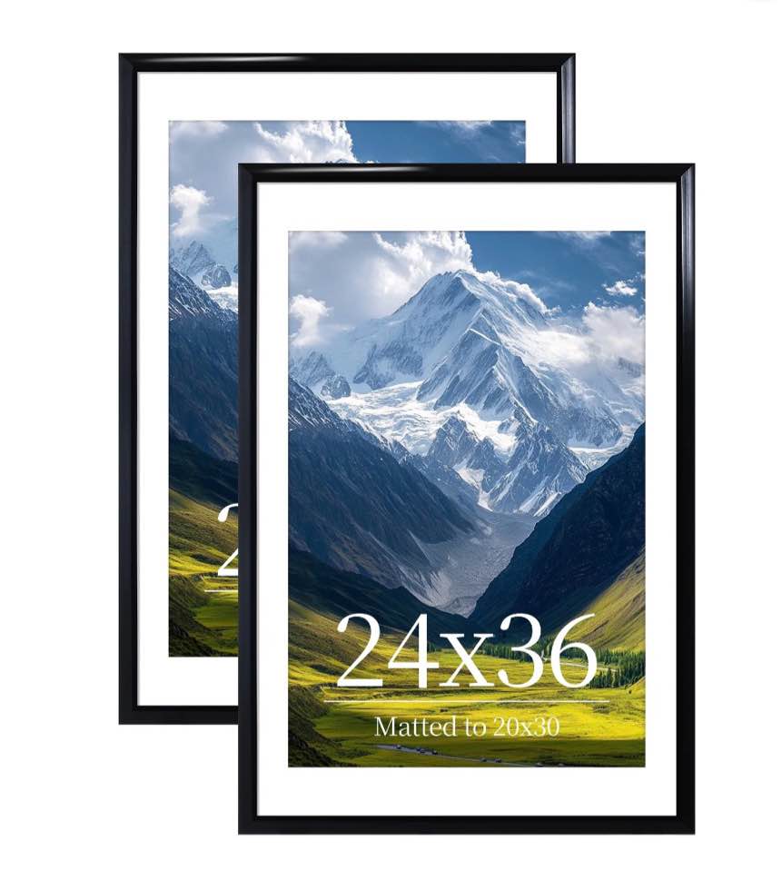 elsker&home 24x36 picture frame 2 pack, black poster frame matted to 20x30 for wall diaplay