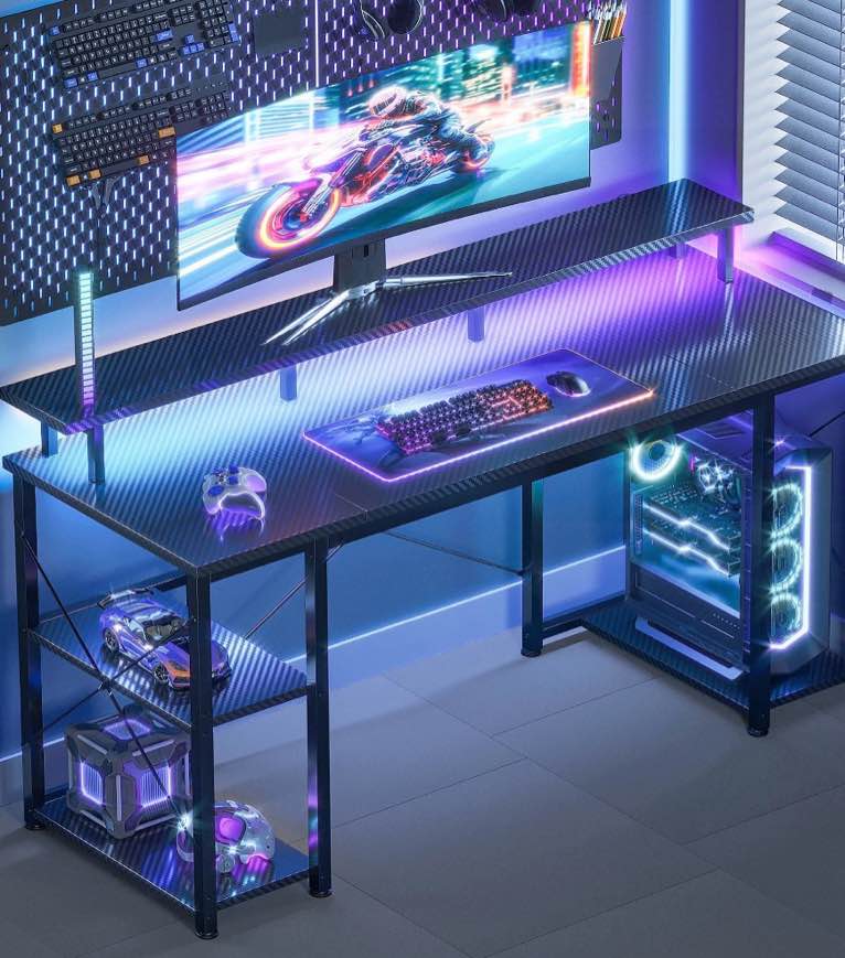 casacomoda 48 inch gaming desk with led lights, computer desk with monitor stand, storage shelves and cpu stand, home office desk, black