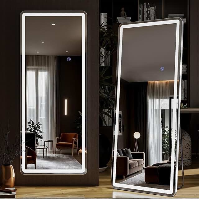 EDX LED 3 Color Lighting Full Body Mirror 71 x 26  Rectangle Floor Mirror with Lights Wall Mounted Free Standing Leaning for Home  White