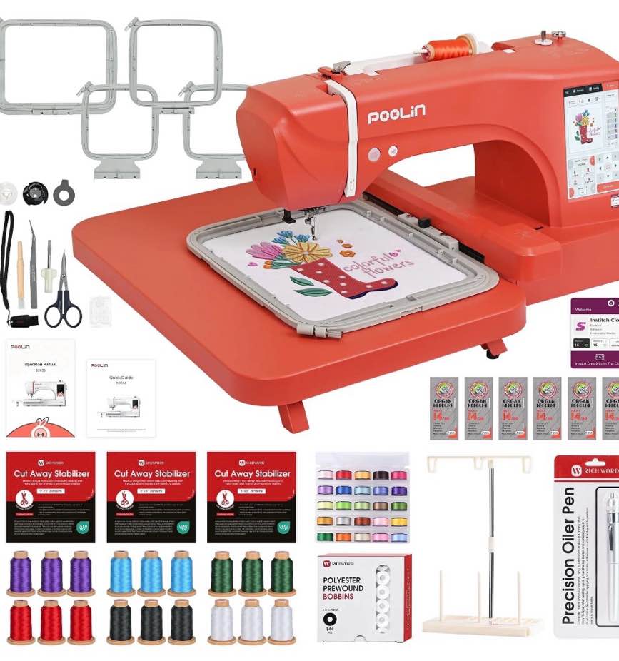 Poolin EOC06RE Embroidery Machine 7.9x11" Large Area, 7" Touch Screen, Upgrade Wifi Connectivity with more embroidery Kit