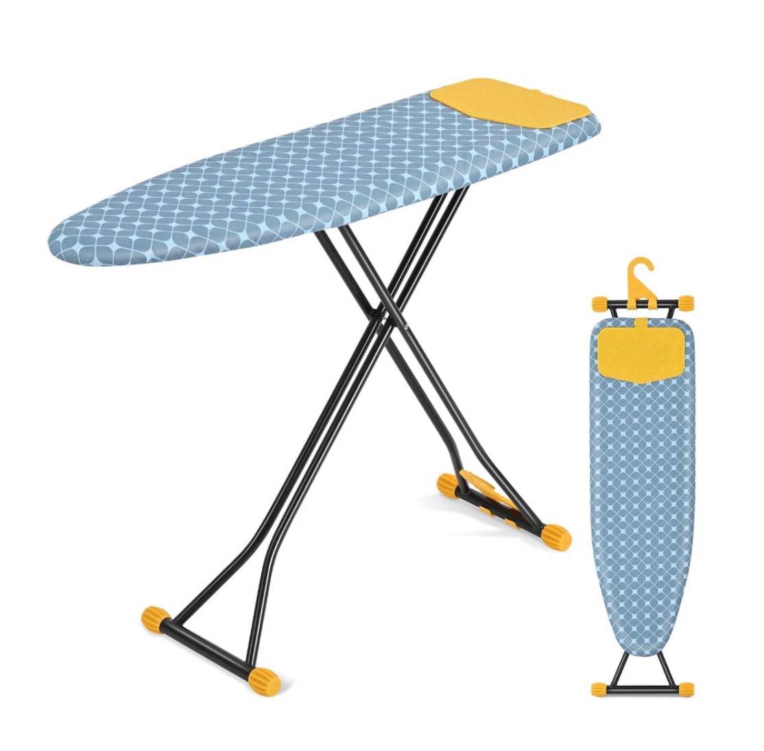 KK KINGRACK Ironing Board  Iron Board Full Size with Hanger & Rotating Nonslip Feet  7 Level Height Adjustable  43x13 in  Yellow