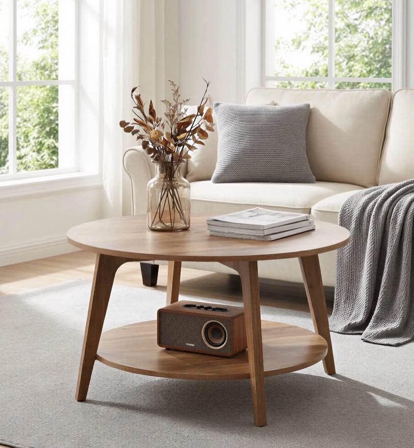 LEDREM Mid-Century Round Coffee Table, 2 Tiers Design, 66lb Capacity, Modern Minimalist Style, Quick Assembly, Ideal for Small Space & Apartment, Brown