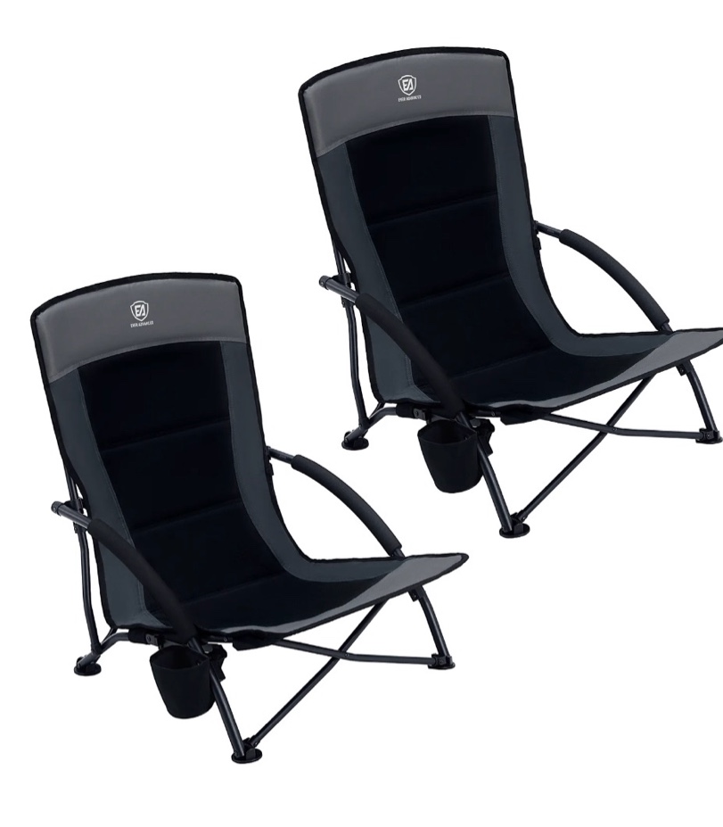 EVER ADVANCED 2 Pack Low Beach Chairs, Lightweight Folding Portable Chairs Heavy Duty High Back Support 350lbs for Adults with Cup Holder Carry Bag for Camping Sand Lawn Travel Picnic Concert, Black