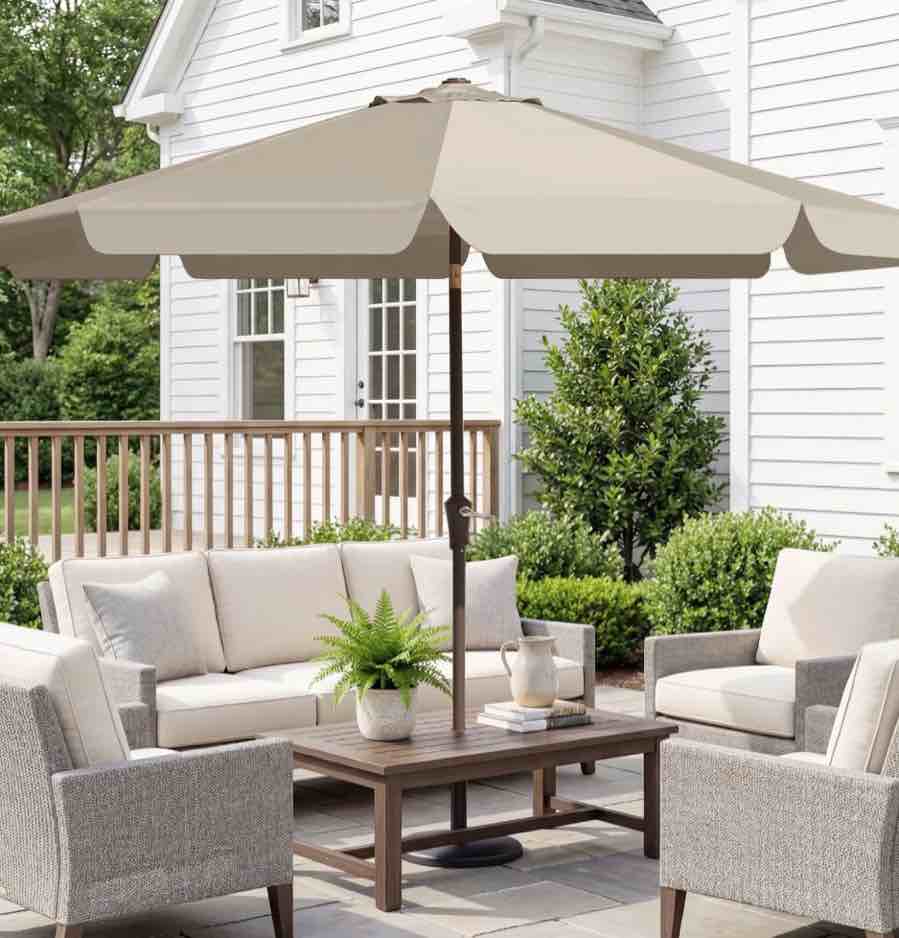 FUNDAZE 9ft Outdoor Patio Umbrella with Tilt & Crank, Heavy Duty Round Sun Umbrella for Garden, Poolside, Deck, Backyard?Beige