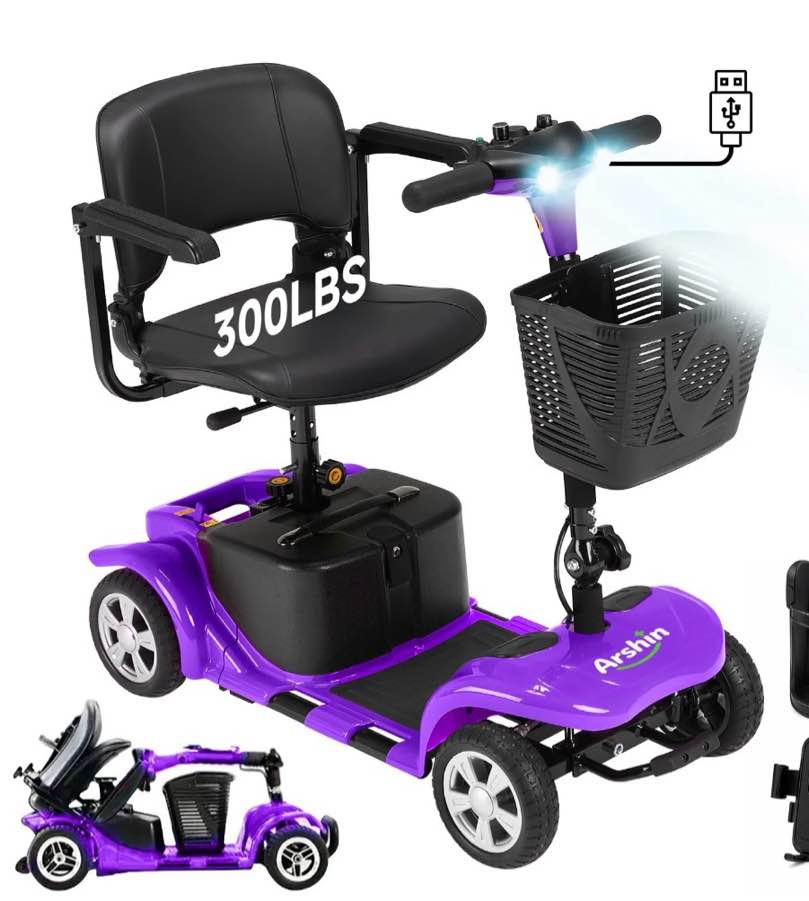 Arshin Upgrade 4 Wheels Mobility Scooters for Seniors & Adult,All Terrain Motorized Scooters with 300 lbs,Purple