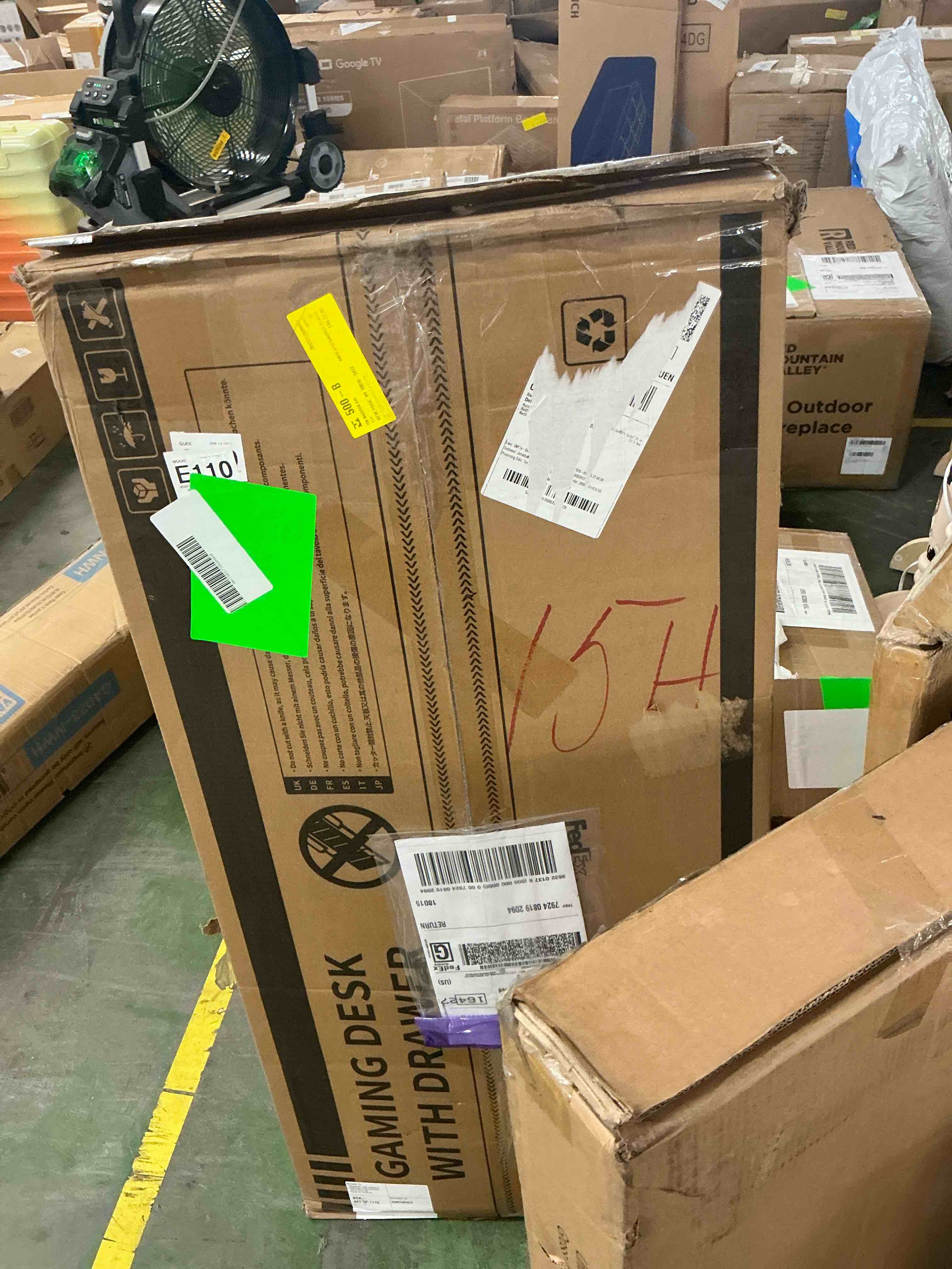 Condition photo showing Good Condition for 54" gaming desk with led lights & storage drawer, reversible computer desk with headphone hook, carbon fiber black